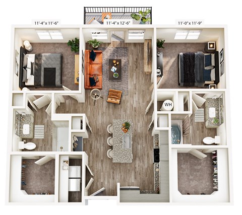 Floor plan for 2 beds, 2 baths, 1074 sqft